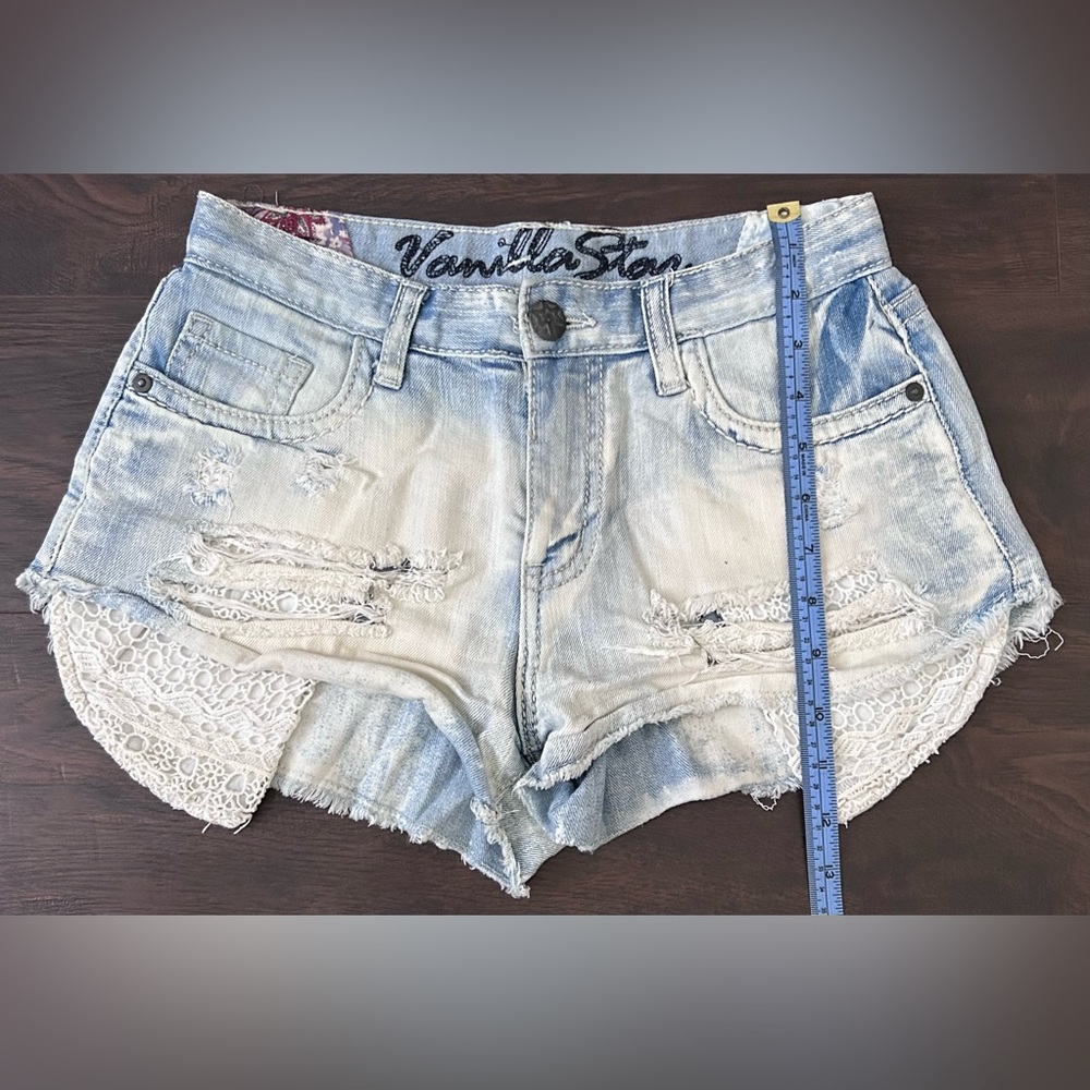 Vanilla Star Light Blue Distressed Denim Lace-Trim Shorts - Picture 4 of 7
